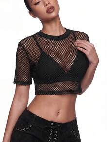SHEIN ICON Top De Malla Sólida Corto Y2k Sin Sostén - Negro - Ver 7