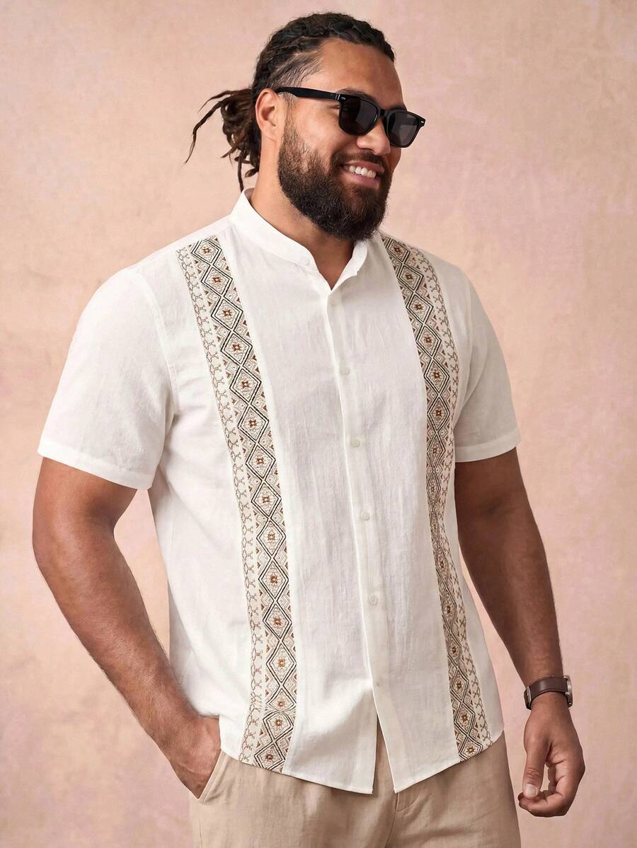 EASEVO Men's Plus Size Geometric Print Single-Breasted Short Sleeve Vacation Shirt - White - View 1