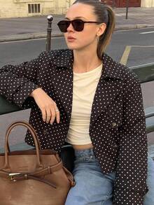 SHEIN EZwear Women's Polka Dot Print Woven Button-Up Long Sleeve Jacket - Coffee Brown - View 12