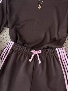 SHEIN 青少年女孩時尚休閒圓領短袖短褲套裝 - 黑色 - 查看 7
