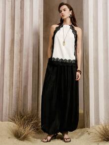 SHEIN Sexy Elegant Lace Trim Contrast Color Spaghetti Strap Camisole Top For Women Brunch Night Out Black And White Summer - Black and White - View 4