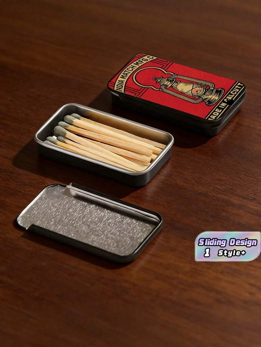 1個復古煤油燈圖案馬口鐵火柴盒式收納盒,滑蓋設計,小巧便攜耐用,多功能收納盒,適用於硬幣、珠寶、小物品、EDC、旅行、露營、居家辦公,節日禮物 - 彩色 - 查看 1