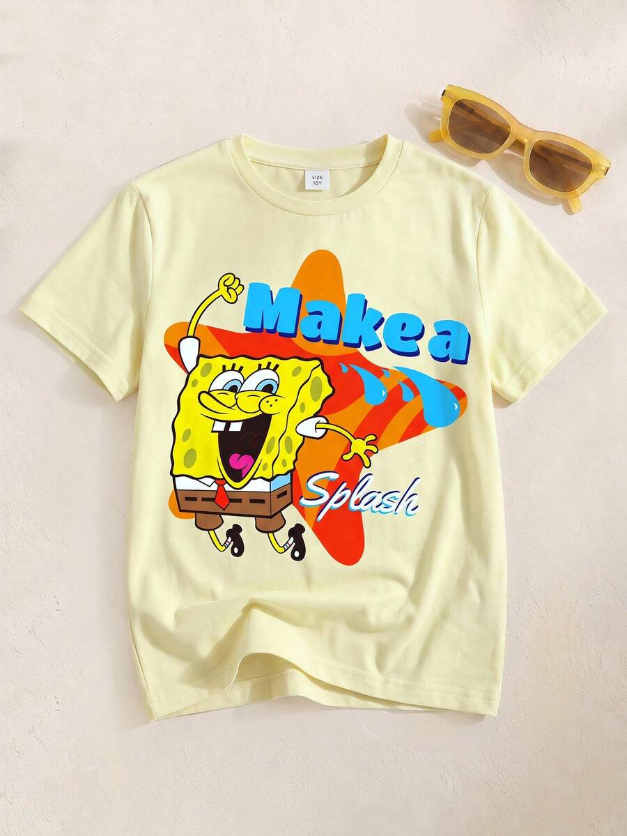 SpongeBob SquarePants | SHEIN 青少年男孩休閒卡通印花T恤,夏季 - 白色 - 查看 1