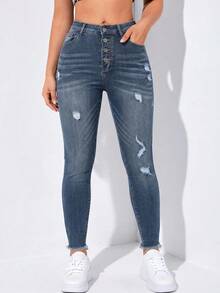 SHEIN EZwear Plus Size Women's Casual Formal Versatile Daily Wear Jeans With Pocket, Button And Distressed Design Back-To-School Navy Blue Summer - Blue - View 5