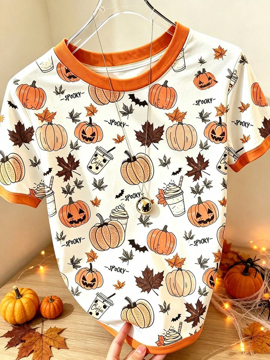 Resyla 女款南瓜印花圓領短袖T恤,萬聖節T恤,夏季 - 白色 - 查看 1