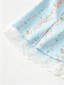 SHEIN PETITE 復古甜美風碎花蕾絲飾邊修身女式襯衫 - 藍色 - 查看 6