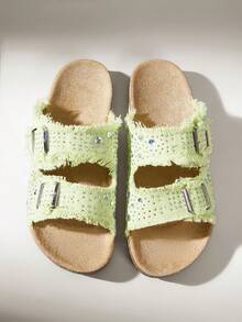 Solecia Sandalias planas de verano para mujer con diseño de borde rugoso con strass, hebilla ajustable y plantilla de corcho, para uso diario, playa y vacaciones - Verde claro - Ver 5