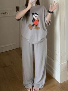 Dazy Plus 2pcs Cute Animal Pattern Loose Long Sleeve Straight Leg Solid Color Long Pajama Pants Set - Grey - View 2