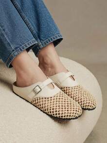 Solecia Spring And Summer New Woven Mat Mesh, Splicing With Decoration, Round Toe Design, Slip-On Heel, Comfortable And Simple Vacation, Women's Flats, A Must For Commuting, Casual And Versatile - apricot leather - View 7