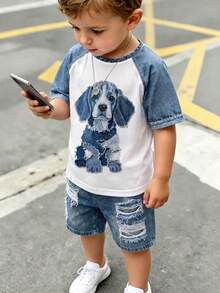 1 SET Boys Fashionable Cute Puppy Print Casual Crew Neck Short Sleeve T-Shirt And Shorts, Simple, Versatile, Suitable For Daily Wear - Multicolor - View 3