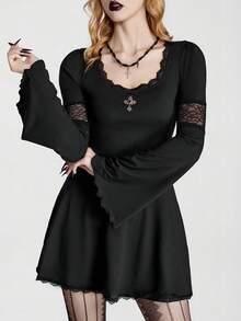 Breakform Halloween  Gothic Retro Sexy Dark-Style Short Dress: Black Stretch Fit With Lace Paneling - Black - View 4
