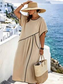 Linhara CURVE Damen-Kleid in großen Größen mit Farbblockdesign, sommerliches lässiges Urlaubs-Maxikleid, lockeres Boho-Strandkleid mit Rundhalsausschnitt, lässig-elegant mit Rüschenärmeln, locker gerafftem Volantrock - Khaki - Übersicht 1