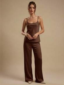 SHEIN BAE Summer Solid Coffee Brown Camisole Top Satin Long Pants Women's Two Pieces Set, Elegant Outfit, Vacation, Wedding Guest Attire Fall - Coffee Brown - View 3