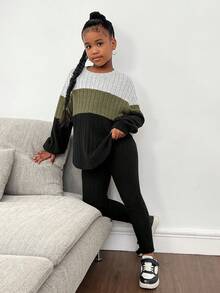 SHEIN Tween Girls Casual Colorblock Ribbed Long Sleeve Top And Pants 2 Pieces Set - Green - View 2