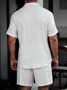 Manfinity CasualCool Men's Jacquard Textured Striped Short Sleeve Shirt And Shorts Set - White - View 2