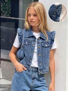 Girls' Denim Jacket Vest, Medium Blue Denim, Ruffle Sleeveless Lapel Single-Breasted With Pockets All-Match Denim Vest, Casual Versatile Vintage Washed Denim Outerwear, Spring/Autumn Layering Vest - Blue - View 1