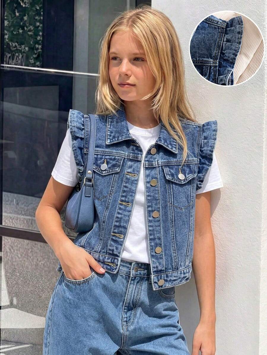 Girls' Denim Jacket Vest, Medium Blue Denim, Ruffle Sleeveless Lapel Single-Breasted With Pockets All-Match Denim Vest, Casual Versatile Vintage Washed Denim Outerwear, Spring/Autumn Layering Vest - Blue - View 1