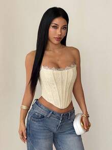 SHEIN PETITE Women's Lace Patchwork Fitted Versatile Daily Wear Tube Top - Light Yellow - View 5