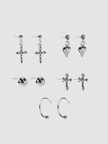 MortiRose 10pcs Simple Cross, Heart Shaped Earrings Set, Cross Stud Earrings, Mini Earrings, Fashion Earrings Accessories For Women, Suitable For Daily Wear - Silver - View 3