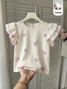SHEIN 女童鬱金香花卉印花圓領荷葉袖上衣 - 紫色 - 查看 1