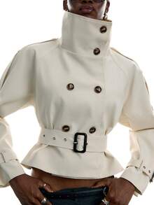 LYSMO Women's Solid Color Raglan Sleeve Double-Breasted Casual Trench Coat Jacket Office Wear For Women Going Out Outfits - White - View 8