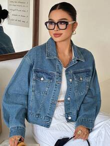 Dazy Plus Vintage Denim Washed Turn Collar Loose Long Sleeve Denim Jacket Short Denim Coat Spring Autumn - Medium Wash - View 3