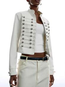 LYSMO Women's Studded Decor Fashion Versatile Daily Wear Jacket - White - View 7