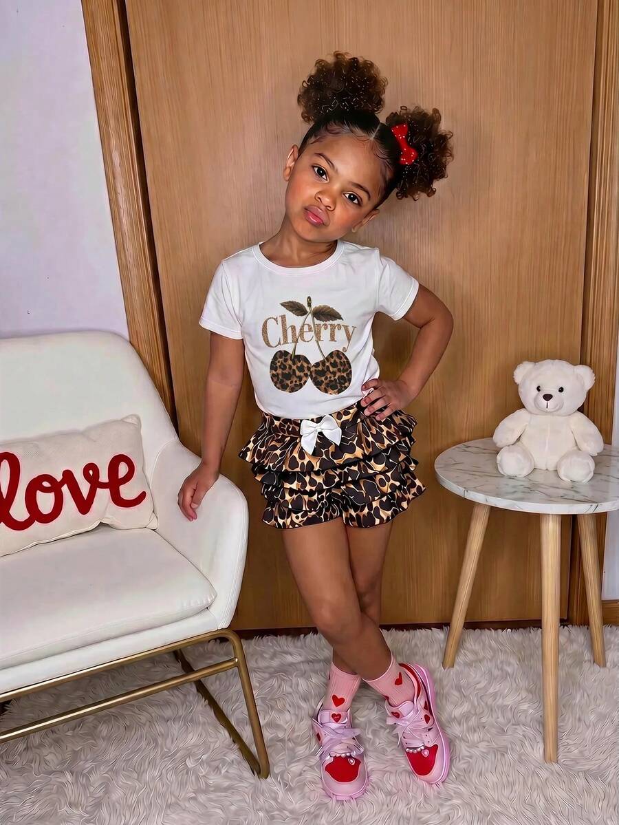 Setelan Kasual Anak Perempuan: Kaos Leher Bulat Motif Leopard dan Rok Motif Leopard - MultiWarna - View 1