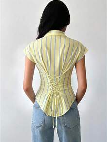Firerie Women's Blue And Yellow Striped Cap Sleeve Blouse Side Ruched Back Tie Waist Top Teacher Commuter Business Cinched Design Casual Teachers' Day Summer - Light Yellow - View 2