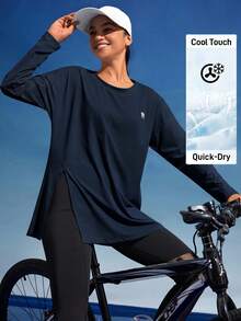 In My Nature Women's Solid Color Split Long Sleeve Outdoor T-Shirt - Navy Blue - View 2