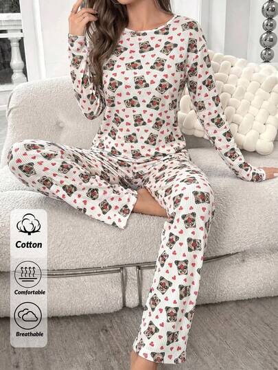 SHEIN Cotton Line Women Panda Print Multicolor Long Sleeve Top & High Waist Comfy Pants 2 Pcs Pajama Set