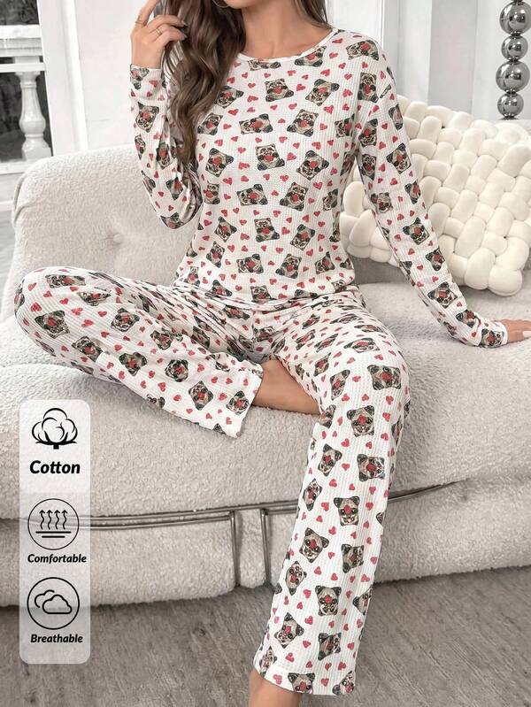 SHEIN Cotton Line Women Panda Print Multicolor Long Sleeve Top & High Waist Comfy Pants 2 Pcs Pajama Set
