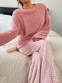 Napfluff Autumn/Winter New Fuzzy Plaid Pajama Set, Pink Long Sleeve Long Pants Loungewear - Multicolor - View 5