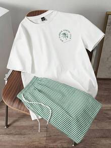 Daypath Dark Green Tropical Forest Leaf Print Casual Fashion Men's Fitted White Knit Top And Green Woven Shorts Set - White - View 2