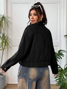 SHEIN EZwear 大尺碼女款素色拉鍊休閒百搭日常旅行長袖夾克 - 黑色 - 查看 2