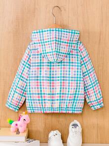 SHEIN Elladie kids 女童清新彩色小格紋連帽拉鍊夾克，時尚馬術圖標，適合兒童日常休閒運動戶外可愛穿搭 - 藍色 - 查看 2