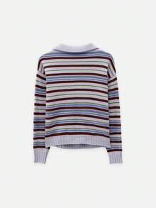 Nöista Multistripe Knit Cardigan In Blue, Burgundy And Olive With Collar And Asymmetric Buttons. Office, Everyday, College. Fall, Fall Winter Travels. - Blue - View 10