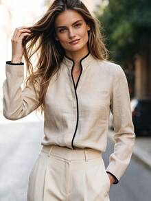 SHEIN Damen-Bluse aus französischem Leinen mit langen Ärmeln, schwarzer und beiger Kontrastsaum, Stehkragen, lässiges elegantes Brunch-Top für den Herbst - Aprikosenfarben - Übersicht 4