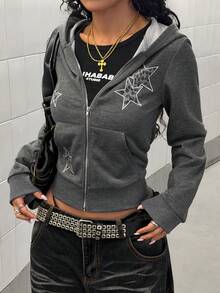 StreetHx Women's American Vintage Grey Leopard & Star Print Hooded Sweatshirt Jacket, Niche Design - Dark Grey - View 1