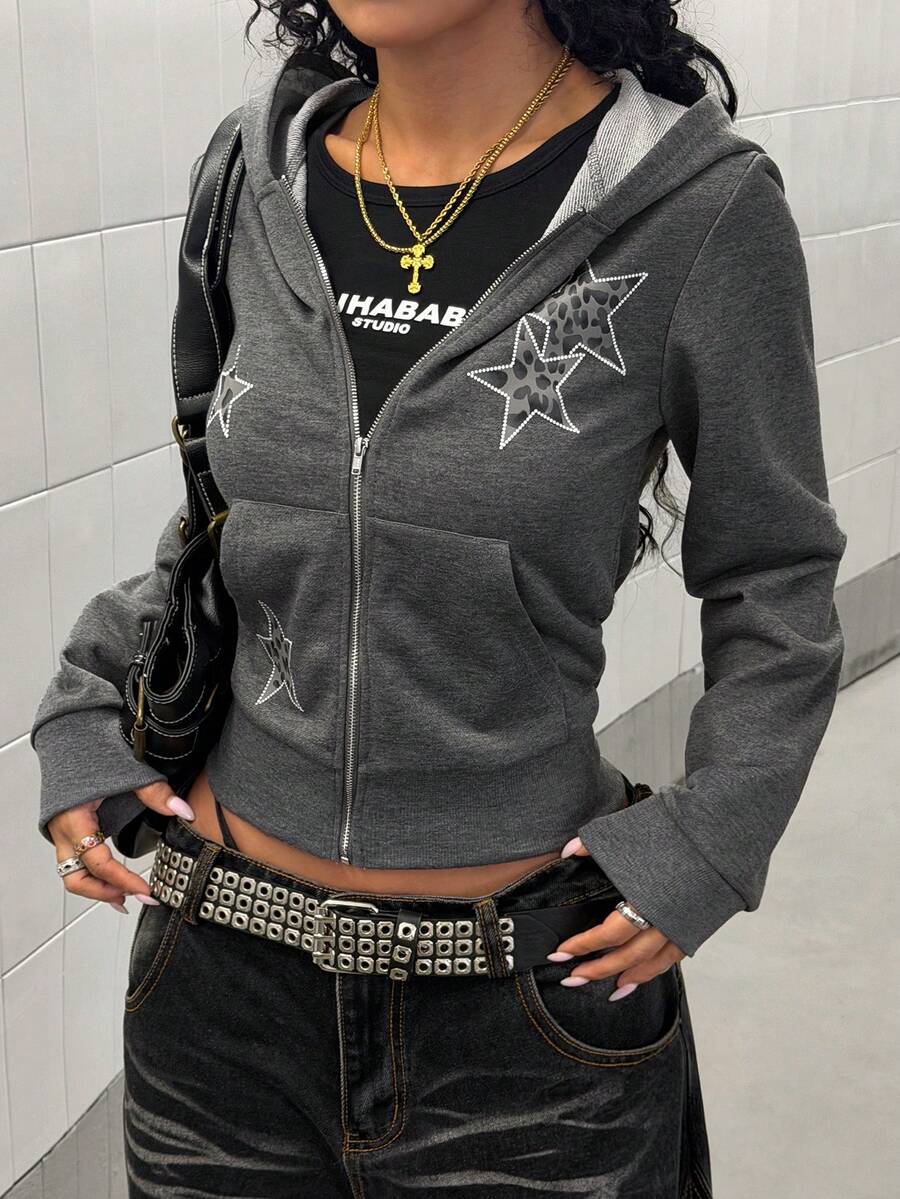StreetHx Women's American Vintage Grey Leopard & Star Print Hooded Sweatshirt Jacket, Niche Design - Dark Grey - View 1