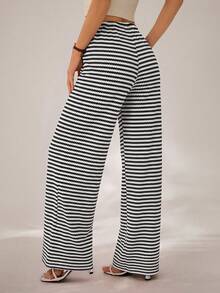 SHEIN PETITE Women Pants Vacation Black And White Striped Checkered Summer Boho Casual Holiday - Black and White - View 2