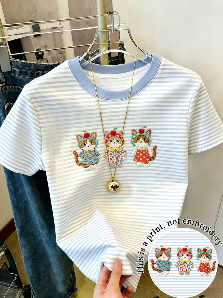 Resyla 女款休閒戶外上衣,夏季新款,戶外休閒運動,圖案,可愛貓咪,多色,假期甜蜜約會,學生,教師節,女款短袖T恤 - 彩色 - 查看 1