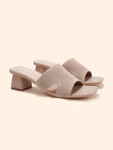 CUCCOO BASICS Ladies Coarse Heel Open Toe Sexy Commuter Fabric Summer Breathable Mules High Heel Sandals Apricot - Apricot - View 5