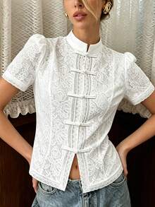 SHEIN PariChic Women's French Elegant Lace Short Sleeve Blouse, All-Season Versatile Stand Collar Frog Button Top, Slightly Sheer Crochet Lace Fabric, Slim Fit Cropped Hem, Vintage Style Design; Suitable For Office Commute, Daily Wear, Casual Outings And Weekend Outfits, Easily Paired With Jeans, Casual Pants And Skirts - White - View 6