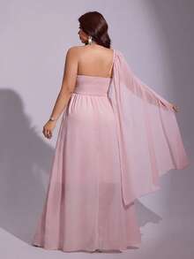 Viva Relle Plus Size Women's Summer Pink Sexy Low Cut One Shoulder 3D Floral Decor Cami Waist-Cinched Double Layer A-Line Maxi Dress, Elegant Party Dress, Graduation Prom, Sexy Date, Women's Holiday Outfit, Sexy Women's Clothing - Pink - View 2
