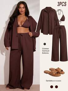 SHEIN BAE Bộ bikini vải kaki nữ cỡ lớn - màu nâu - Xem 1