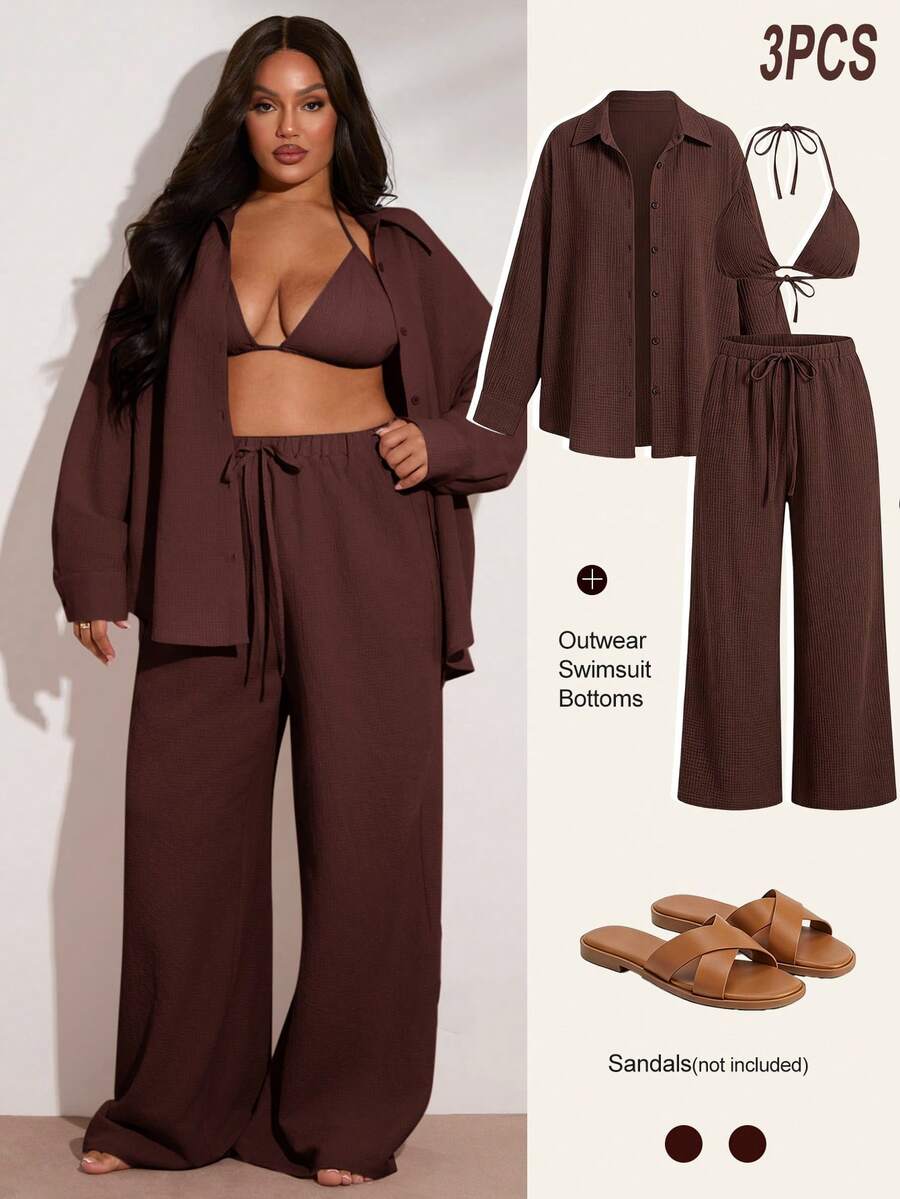 SHEIN BAE Bộ bikini vải kaki nữ cỡ lớn - màu nâu - Xem 1