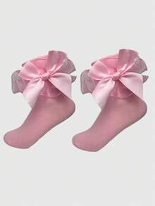 ROMWE Kawaii Women's Contrast Mesh Ruffle Trim Mid-Calf Socks - Pink 88 - View 4