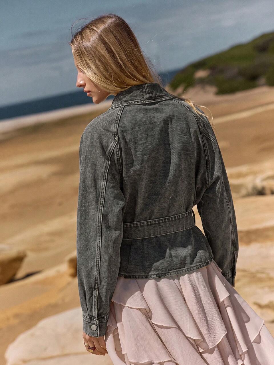MOTF STUDIO CHAQUETA DE DENIM UTILITARIA CON CUELLO ABATIDO PARA MUJER PRIMAVERA/VERANO