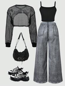 SHEIN 青少年女孩 3件組/套圓領：寬鬆街頭風丹寧效果長褲、短版背心、長袖連帽網紗運動衫 - 時尚款 - 黑色 - 查看 3